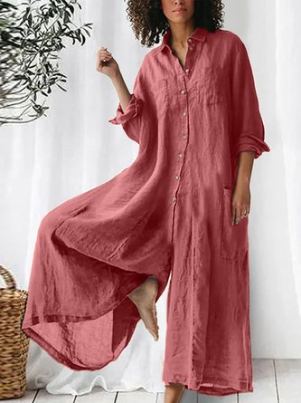 Women Plain Shawl Collar Long Sleeve Casual Spring/Fall Cotton-Blend Jumpsuit
