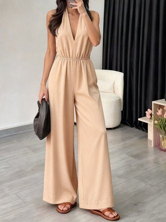 Women Plain V Neck Sleeveless Casual Summer Jumpsuit