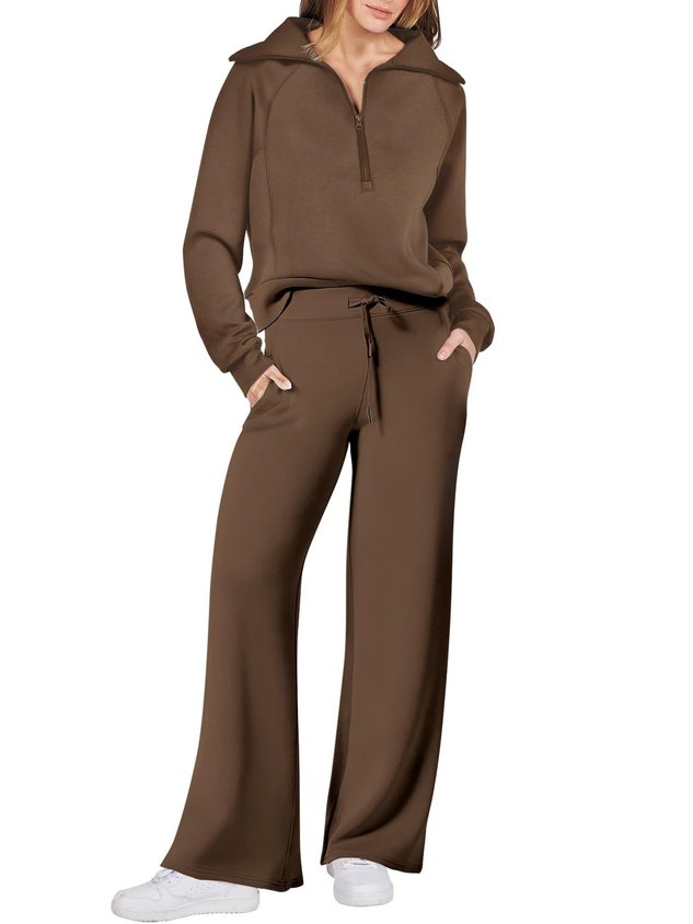 Women Plain Two-Piece Set Daily Long Sleeve Casual Spring/Fall Top With Pants Matching Set