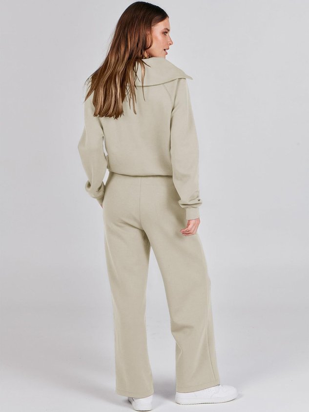Women Plain Two-Piece Set Daily Long Sleeve Casual Spring/Fall Top With Pants Matching Set