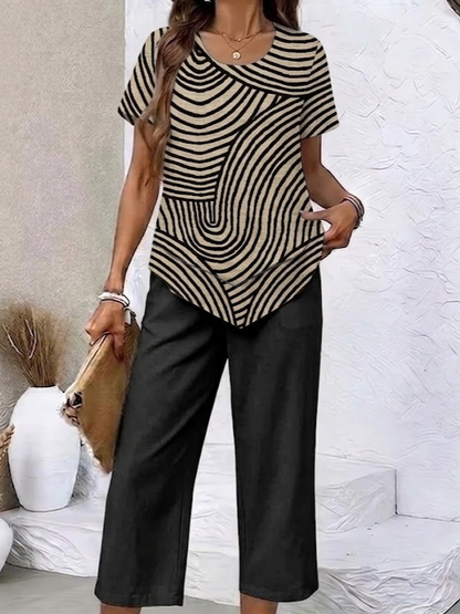 Women Abstract Printing Two-Piece Set Daily Short Sleeve Casual Summer Top With Pants Matching Set