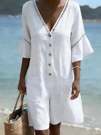 Women Plain V Neck Half Sleeve Vintage Summer Cotton And Linen Jumpsuit