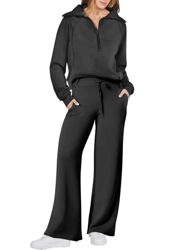 Women Plain Two-Piece Set Daily Long Sleeve Casual Spring/Fall Top With Pants Matching Set