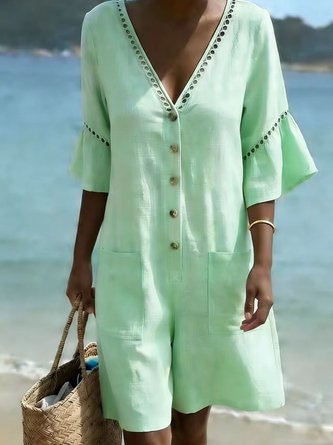 Women Plain V Neck Half Sleeve Vintage Summer Cotton And Linen Jumpsuit