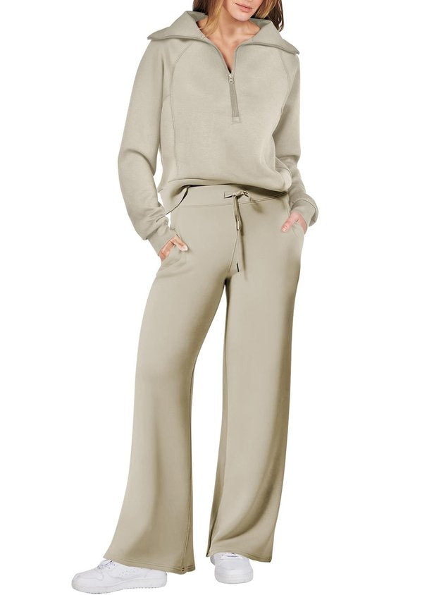 Women Plain Two-Piece Set Daily Long Sleeve Casual Spring/Fall Top With Pants Matching Set