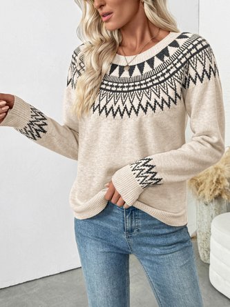 Women Cotton Geometric Long Sleeve Comfy Casual Sweater