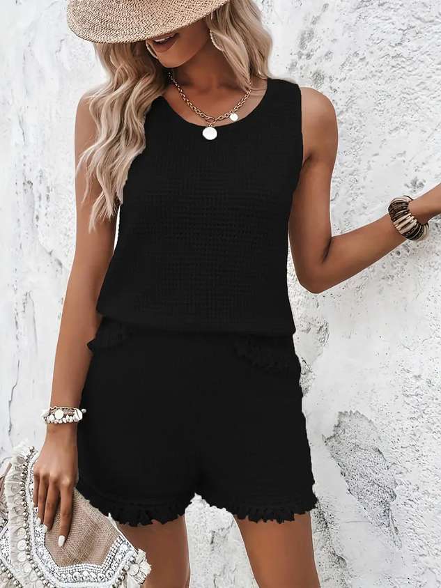 Women Plain Two-Piece Set Daily Sleeveless Casual Summer Short Sets Matching Set