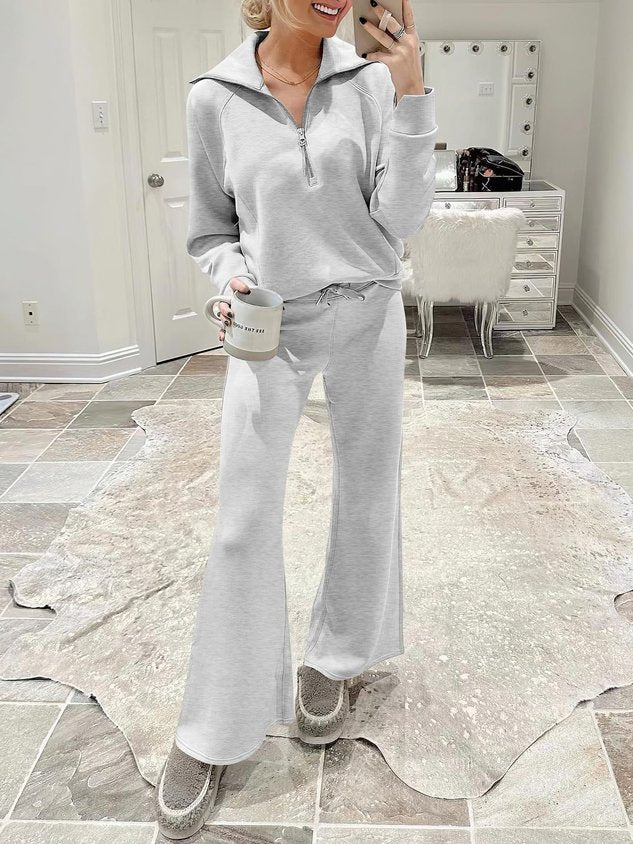 Women Plain Two-Piece Set Daily Long Sleeve Casual Spring/Fall Top With Pants Matching Set