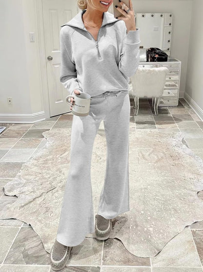 Women Plain Two-Piece Set Daily Long Sleeve Casual Spring/Fall Top With Pants Matching Set