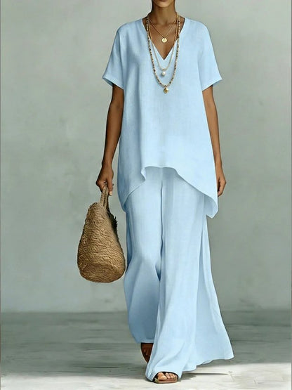 Women Plain Two-Piece Set Daily Short Sleeve Vintage Summer Top With Pants Matching Set