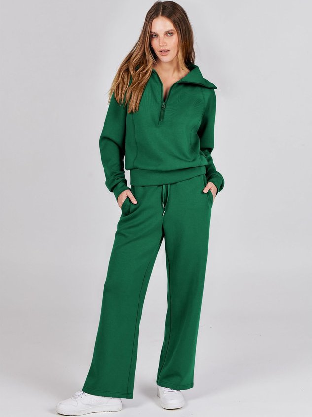Women Plain Two-Piece Set Daily Long Sleeve Casual Spring/Fall Top With Pants Matching Set
