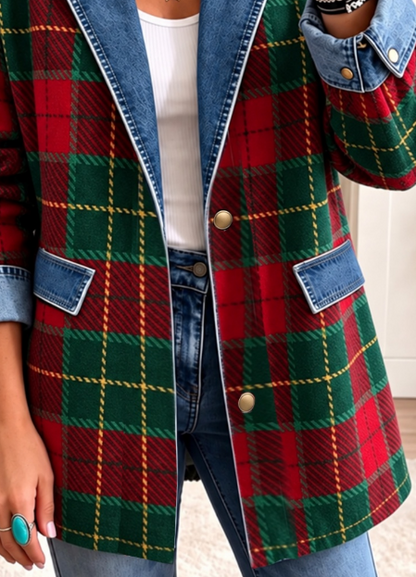 Women Spring/Fall Outerwear Vintage Plaid Long Sleeve Lapel Collar Jacket
