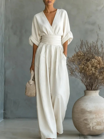 Women Plain V Neck Half Sleeve Casual Summer Cotton-Blend Jumpsuit