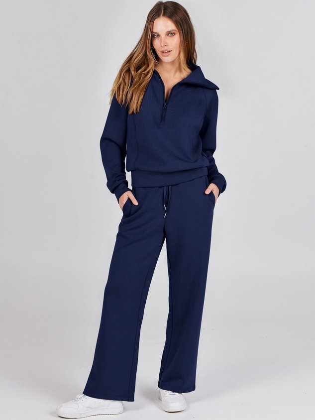 Women Plain Two-Piece Set Daily Long Sleeve Casual Spring/Fall Top With Pants Matching Set