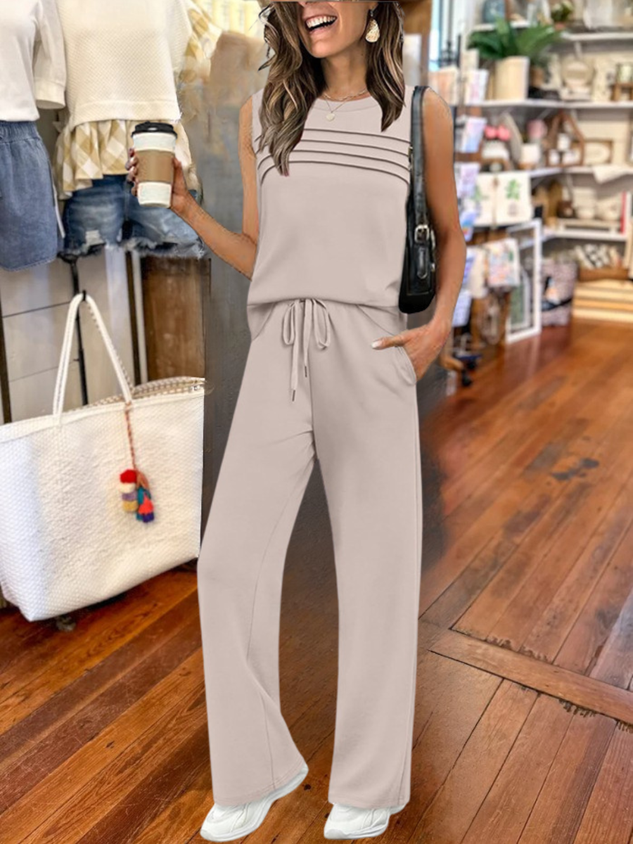 Women Plain Split Joint Two-Piece Set Daily Half Sleeve Casual Summer Top With Pants Matching Set