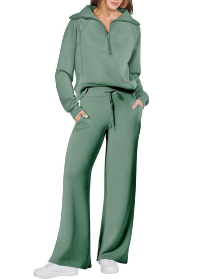 Women Plain Two-Piece Set Daily Long Sleeve Casual Spring/Fall Top With Pants Matching Set