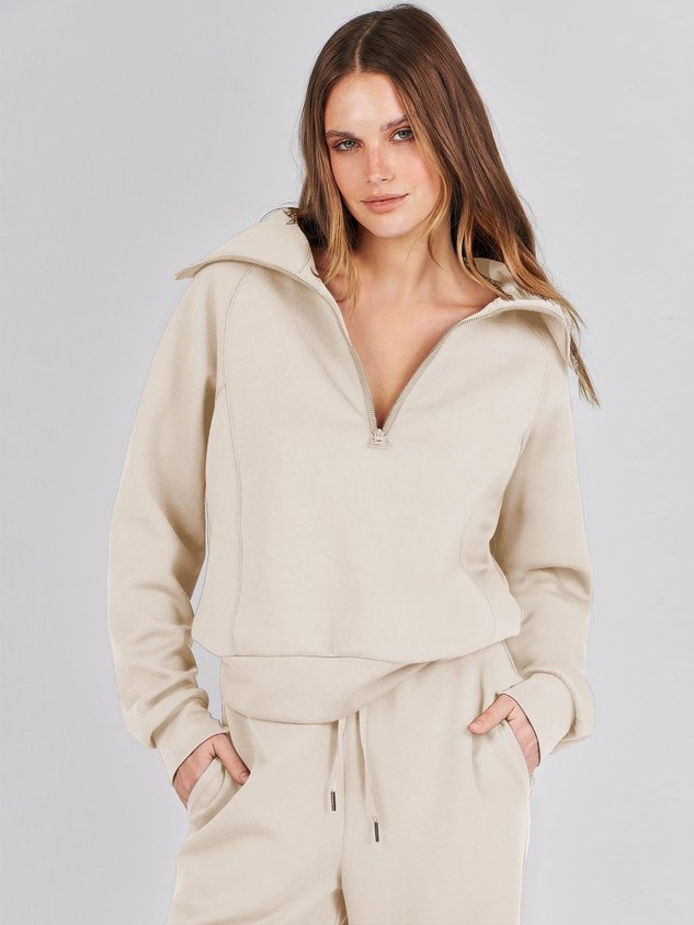 Women Plain Two-Piece Set Daily Long Sleeve Casual Spring/Fall Top With Pants Matching Set