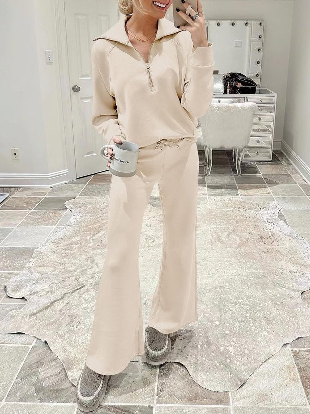 Women Plain Two-Piece Set Daily Long Sleeve Casual Spring/Fall Top With Pants Matching Set