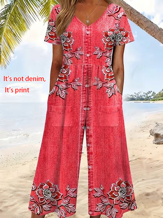 Women Floral V Neck Half Sleeve Casual Summer Jumpsuit