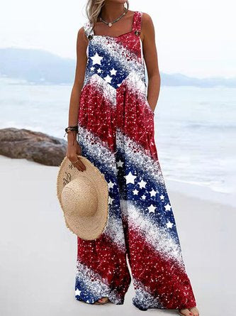 Women 3D Printing Square Neck Sleeveless Casual Summer Jumpsuit