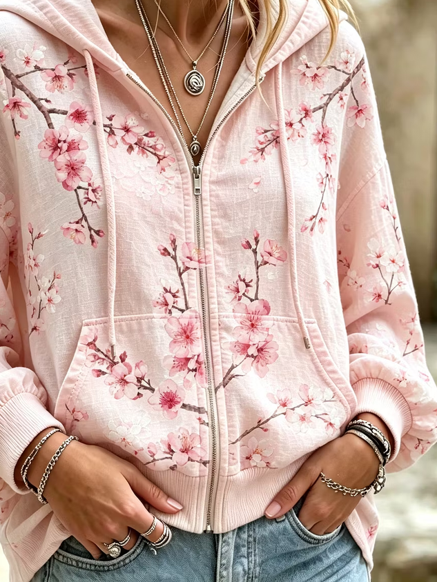 Women Spring/Fall Outerwear Casual Printing Floral Long Sleeve Hoodie Jacket