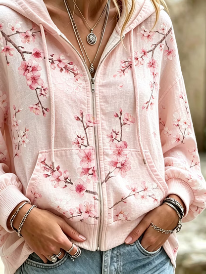 Women Spring/Fall Outerwear Casual Printing Floral Long Sleeve Hoodie Jacket