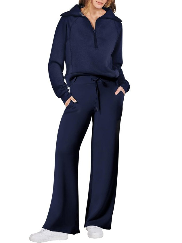 Women Plain Two-Piece Set Daily Long Sleeve Casual Spring/Fall Top With Pants Matching Set