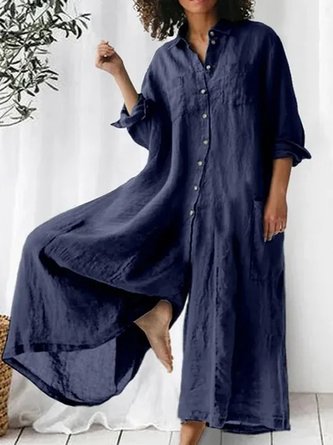 Women Plain Shawl Collar Long Sleeve Casual Spring/Fall Cotton-Blend Jumpsuit