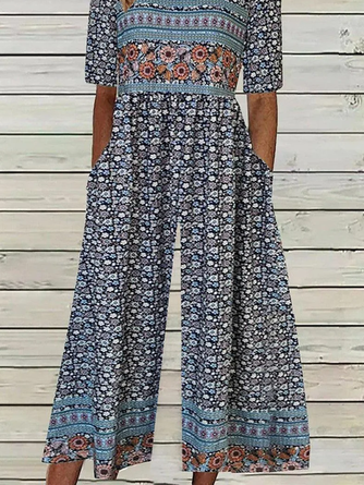 Women Short Sleeve Crew Neck Loose Ankle Pants Daily Casual Small Floral Natural Jumpsuit