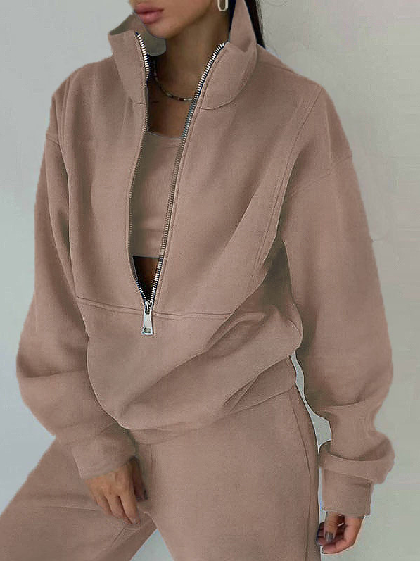 Women Plain Two-Piece Set Daily Long Sleeve Casual Spring/Fall Top With Pants Matching Set