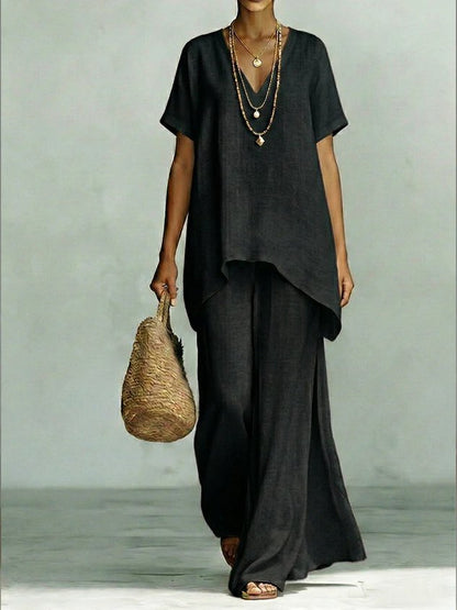 Women Plain Two-Piece Set Daily Short Sleeve Vintage Summer Top With Pants Matching Set