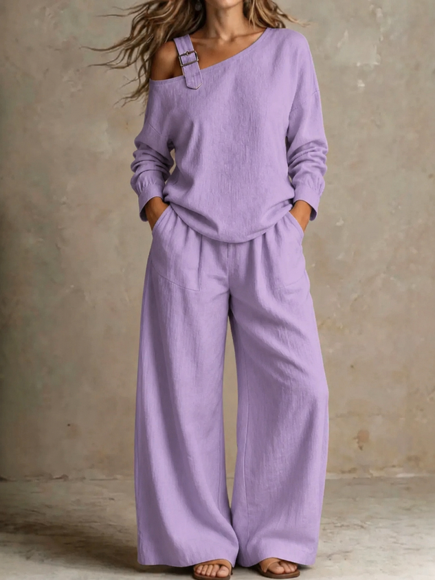 Women Plain Two-Piece Set Daily Long Sleeve Casual Spring/Fall Top With Pants Matching Set