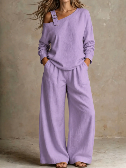 Women Plain Two-Piece Set Daily Long Sleeve Casual Spring/Fall Top With Pants Matching Set