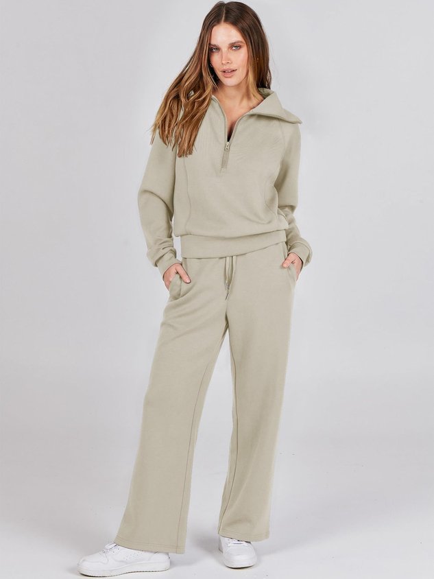 Women Plain Two-Piece Set Daily Long Sleeve Casual Spring/Fall Top With Pants Matching Set