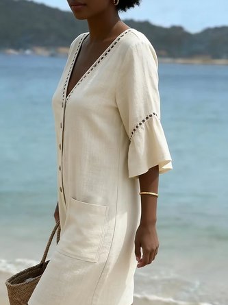 Women Plain V Neck Half Sleeve Vintage Summer Cotton And Linen Jumpsuit