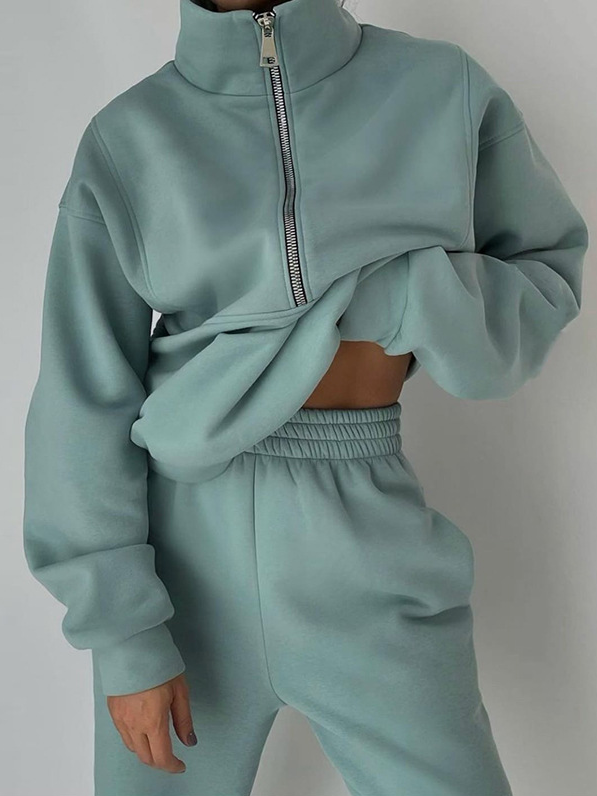 Women Plain Two-Piece Set Daily Long Sleeve Casual Spring/Fall Top With Pants Matching Set