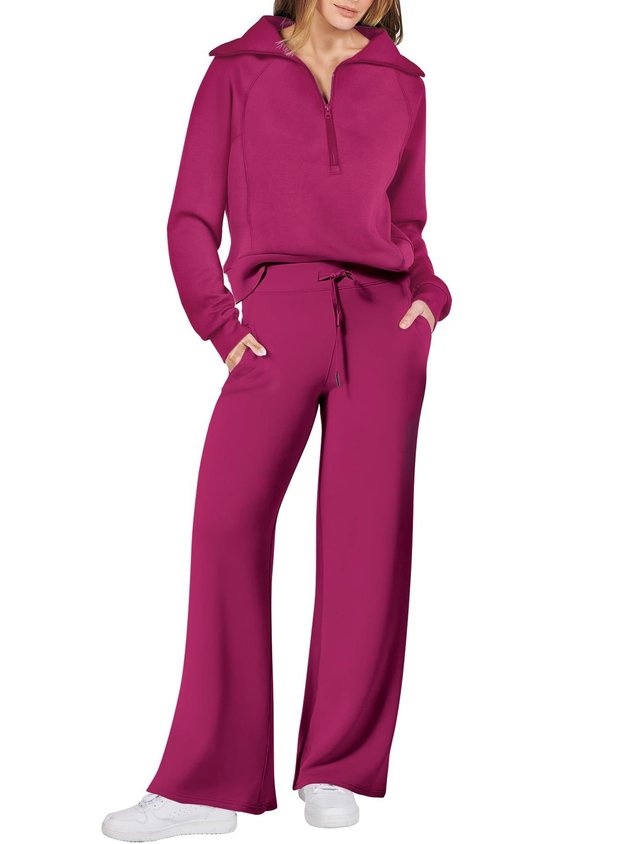 Women Plain Two-Piece Set Daily Long Sleeve Casual Spring/Fall Top With Pants Matching Set