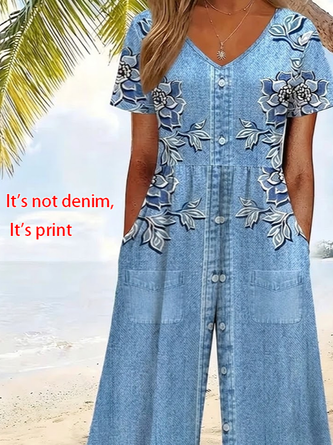 Women Floral V Neck Half Sleeve Casual Summer Jumpsuit