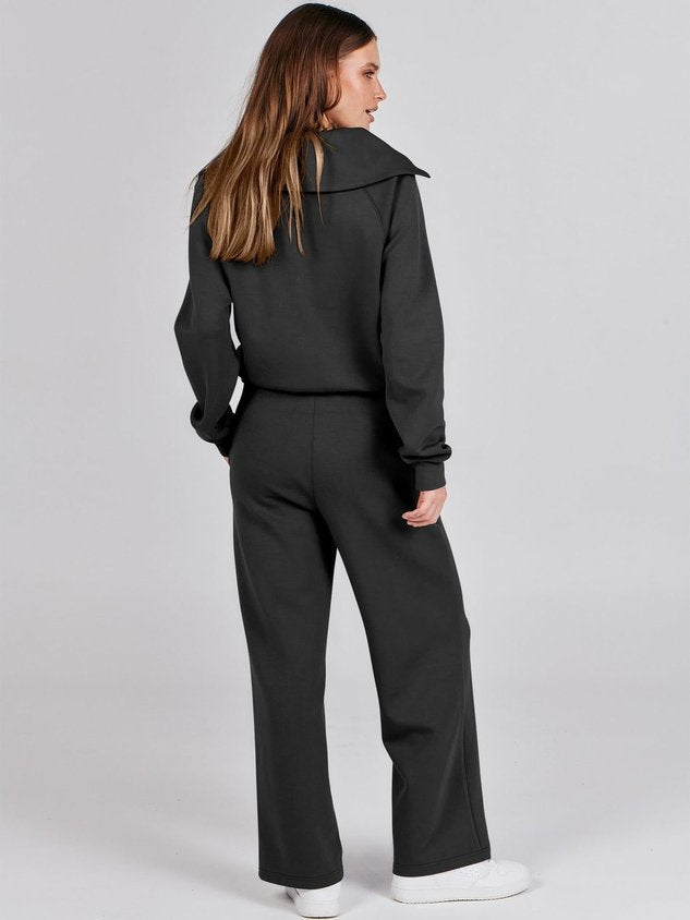 Women Plain Two-Piece Set Daily Long Sleeve Casual Spring/Fall Top With Pants Matching Set