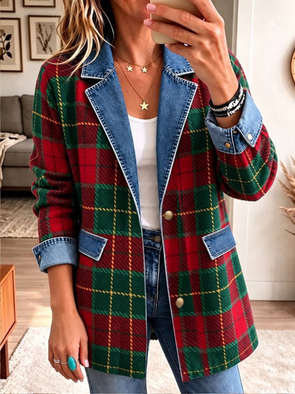Women Spring/Fall Outerwear Vintage Plaid Long Sleeve Lapel Collar Jacket