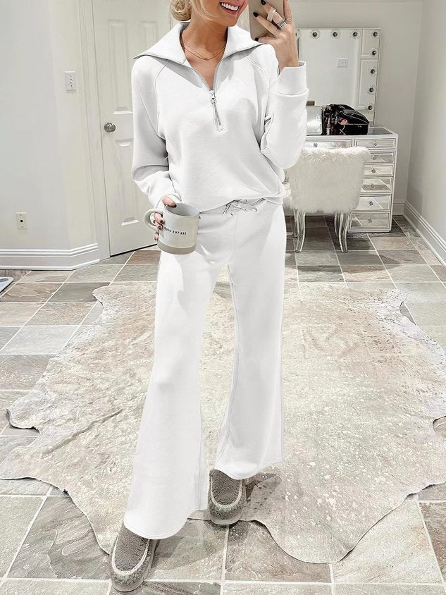 Women Plain Two-Piece Set Daily Long Sleeve Casual Spring/Fall Top With Pants Matching Set