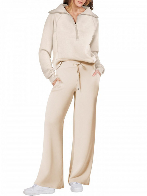 Women Plain Two-Piece Set Daily Long Sleeve Casual Spring/Fall Top With Pants Matching Set