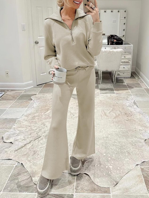 Women Plain Two-Piece Set Daily Long Sleeve Casual Spring/Fall Top With Pants Matching Set