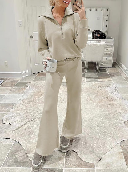 Women Plain Two-Piece Set Daily Long Sleeve Casual Spring/Fall Top With Pants Matching Set