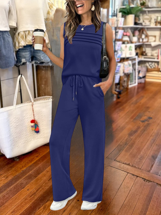 Women Plain Split Joint Two-Piece Set Daily Half Sleeve Casual Summer Top With Pants Matching Set