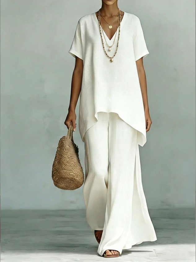 Women Plain Two-Piece Set Daily Short Sleeve Vintage Summer Top With Pants Matching Set