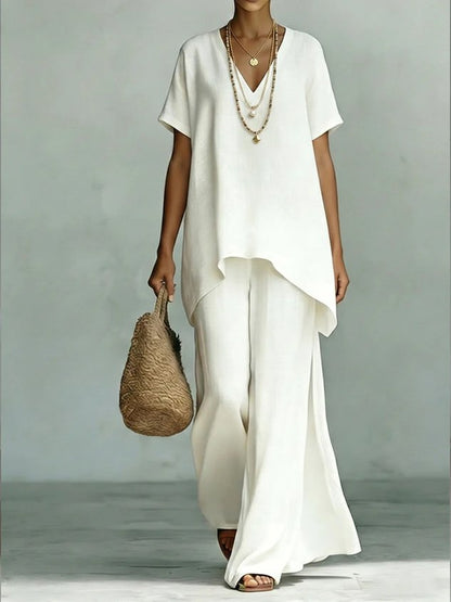 Women Plain Two-Piece Set Daily Short Sleeve Vintage Summer Top With Pants Matching Set
