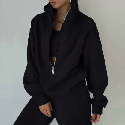Women Plain Two-Piece Set Daily Long Sleeve Casual Spring/Fall Top With Pants Matching Set