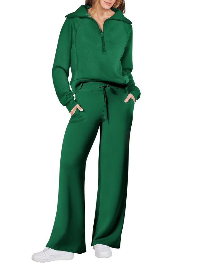 Women Plain Two-Piece Set Daily Long Sleeve Casual Spring/Fall Top With Pants Matching Set