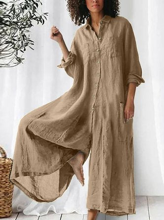 Women Plain Shawl Collar Long Sleeve Casual Spring/Fall Cotton-Blend Jumpsuit